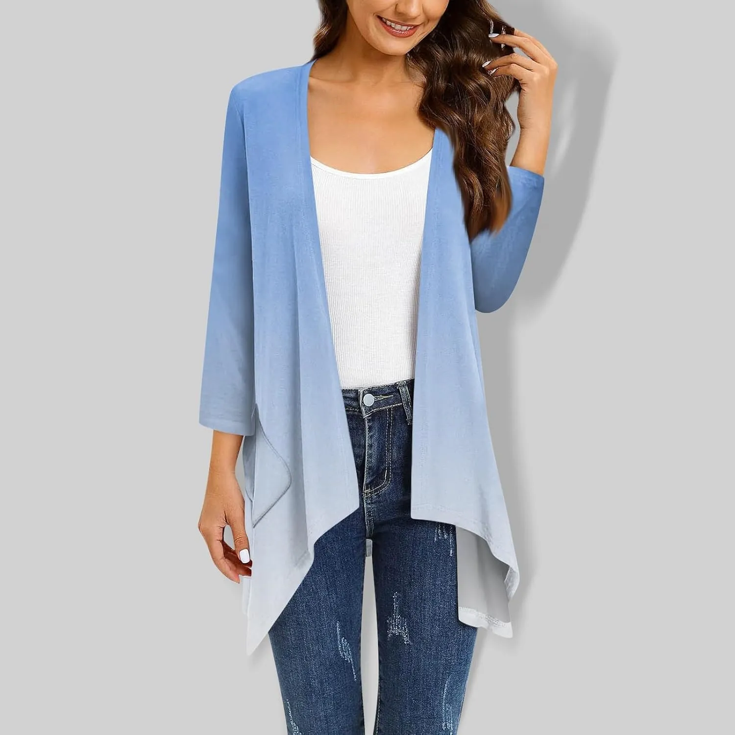 Bomber Jacket Women 3/4 Length Sleeve Draped Long Duster Lightweight Summer Cardigan Gradient Versatile Bolero Shrugs