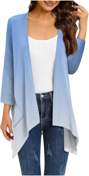 Bomber Jacket Women 3/4 Length Sleeve Draped Long Duster Lightweight Summer Cardigan Gradient Versatile Bolero Shrugs