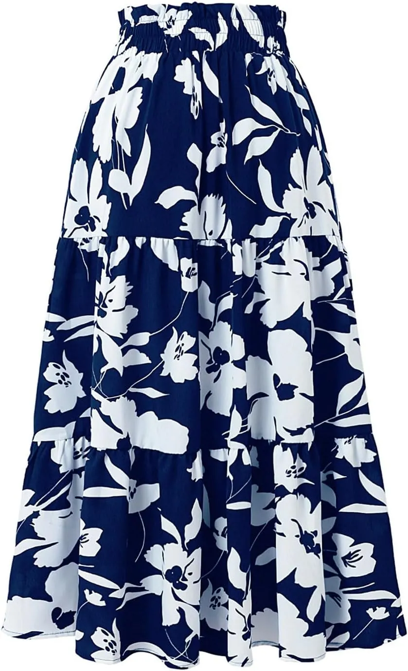 Casual Long Maxi Skirt for Women Summer Trendy Flowy Drawstring High Waist A-Line Floral Boho Skirts Versatile