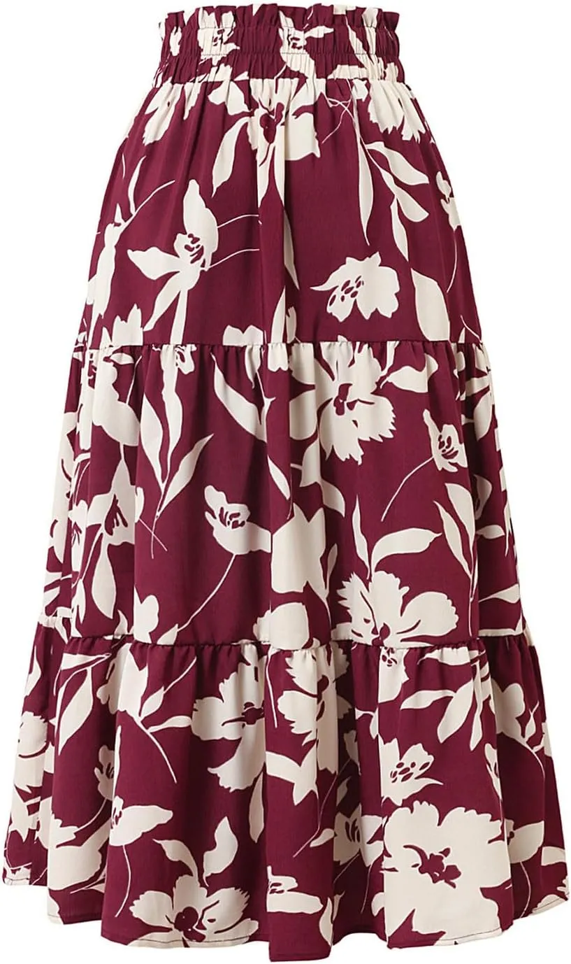 Casual Long Maxi Skirt for Women Summer Trendy Flowy Drawstring High Waist A-Line Floral Boho Skirts Versatile