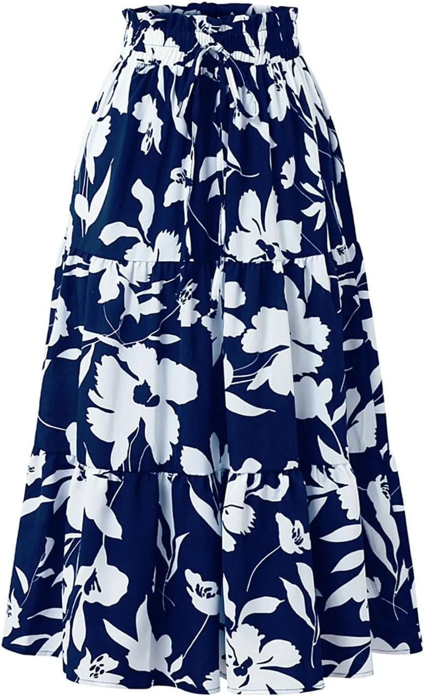 Casual Long Maxi Skirt for Women Summer Trendy Flowy Drawstring High Waist A-Line Floral Boho Skirts Versatile