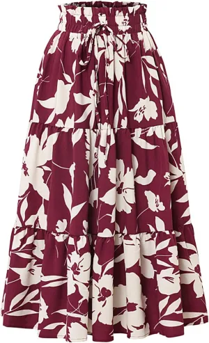 Casual Long Maxi Skirt for Women Summer Trendy Flowy Drawstring High Waist A-Line Floral Boho Skirts Versatile