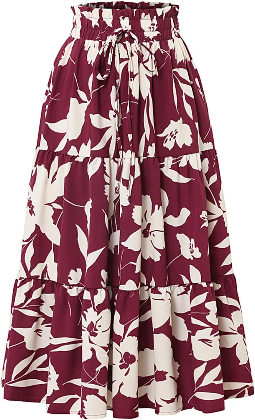 Casual Long Maxi Skirt for Women Summer Trendy Flowy Drawstring High Waist A-Line Floral Boho Skirts Versatile