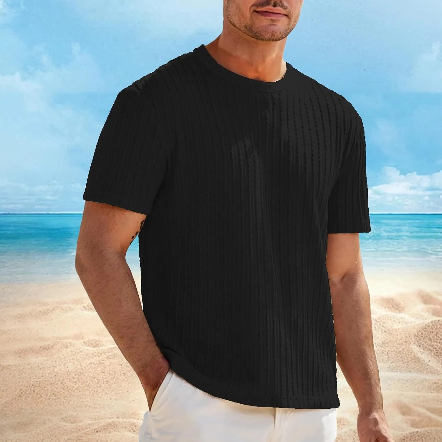 Casual Pullover T-Shirts for Men Knitted Jacquard Textured Shirt Round Neck Short Sleeve Tops Summer Cooling Fit Tees