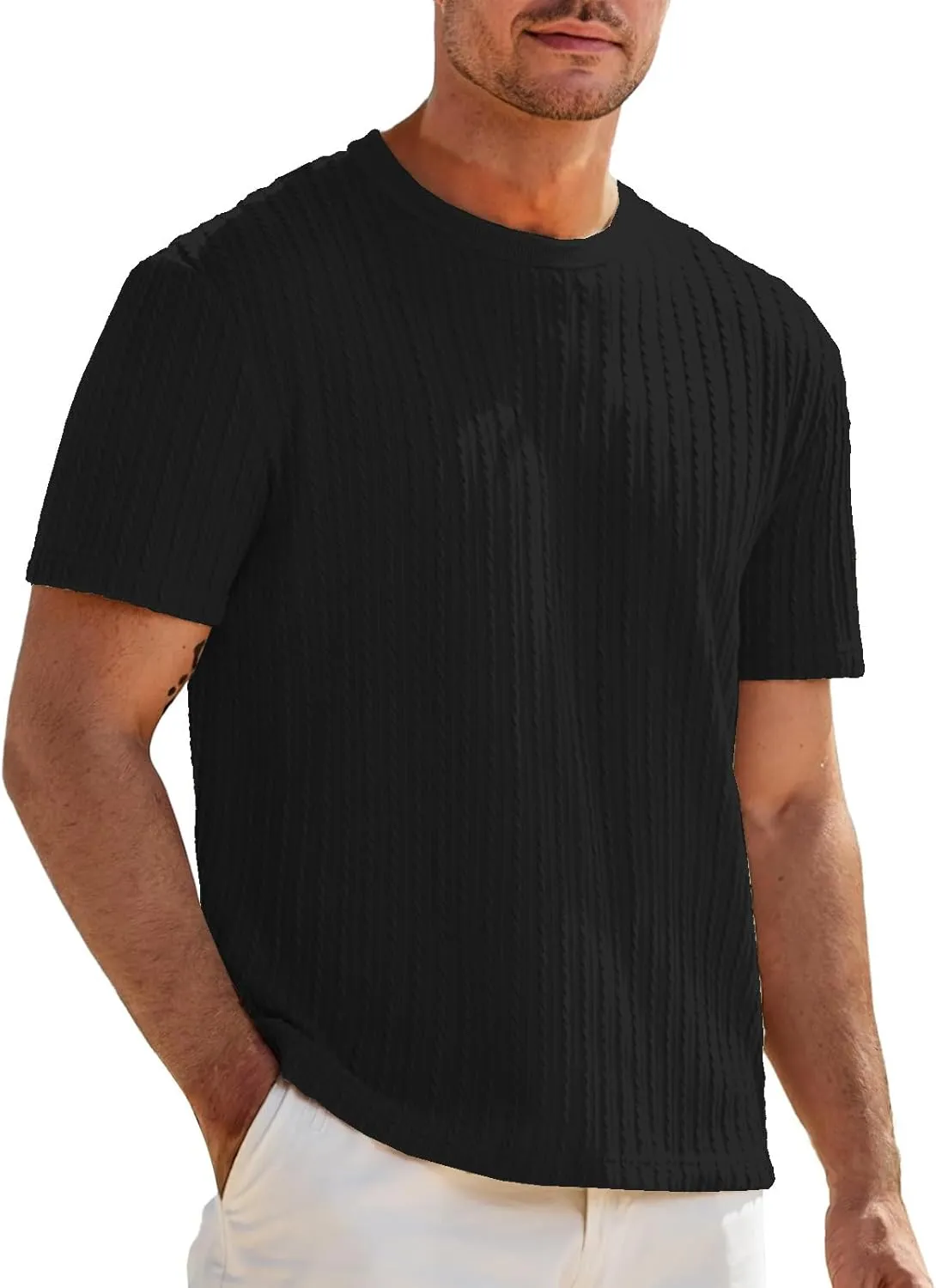 Casual Pullover T-Shirts for Men Knitted Jacquard Textured Shirt Round Neck Short Sleeve Tops Summer Cooling Fit Tees