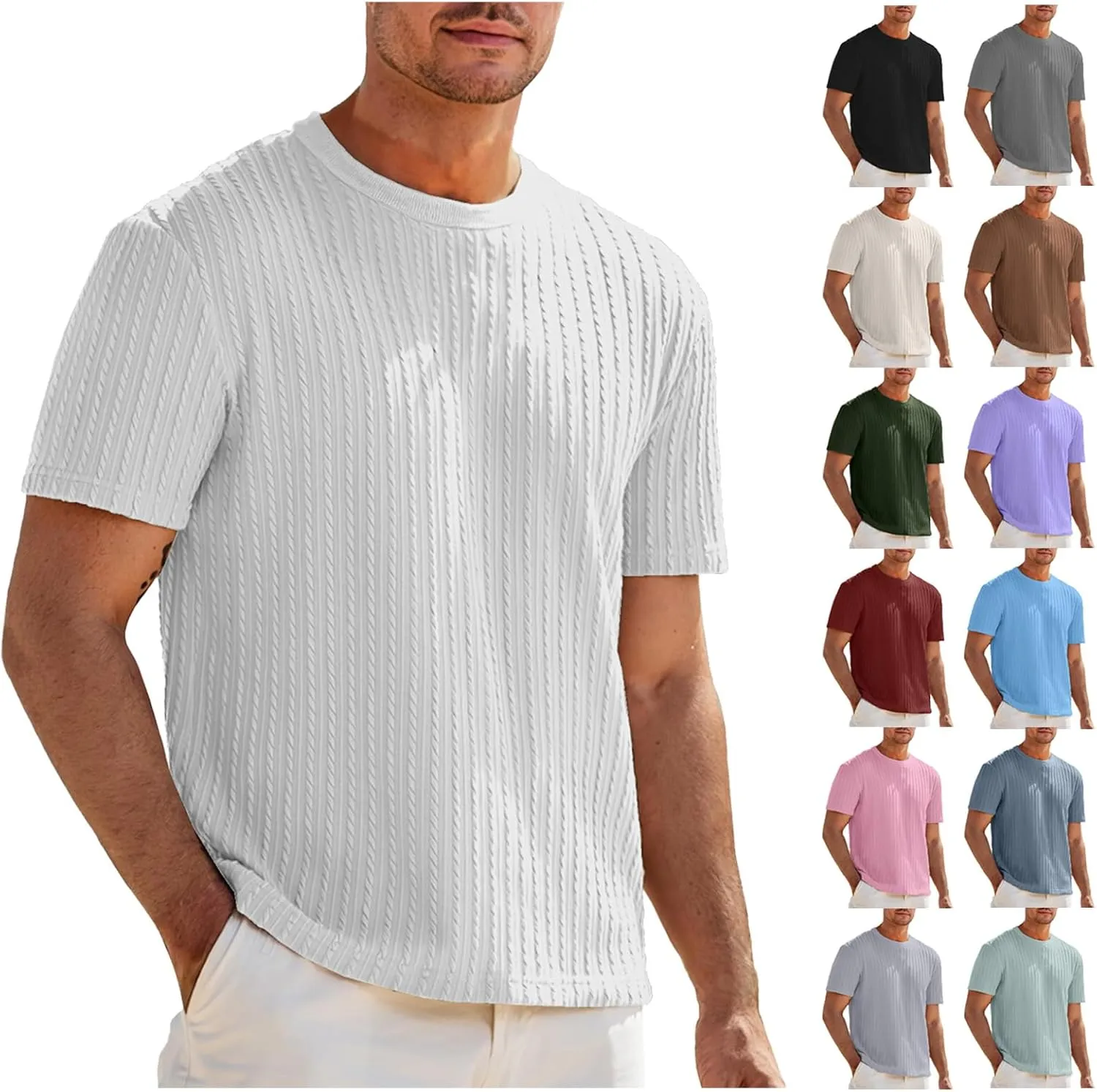 Casual Pullover T-Shirts for Men Knitted Jacquard Textured Shirt Round Neck Short Sleeve Tops Summer Cooling Fit Tees