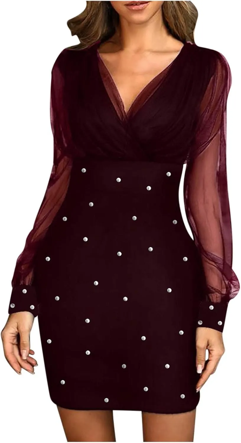 Cocktail Dress for Women,2024 Elegant Sexy Wrap V Neck Skinny Party Dress,Trendy Mesh Patchwork Long Sleeve Dress