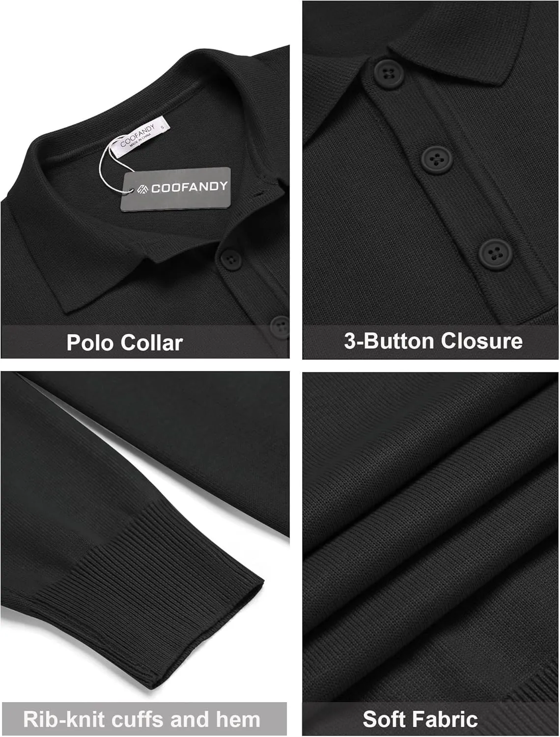 COOFANDY Mens Knit Polo Shirts Casual Long Sleeve Classic Polo Shirts Button Down Golf Shirts
