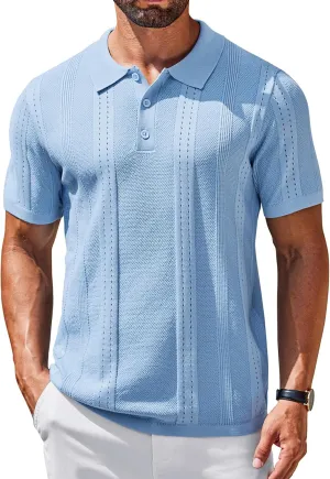 COOFANDY Mens Knit Polo Shirts Short Sleeve Collared Golf Shirt Hollow Out Textured T-Shirt Summer Fashion Tops