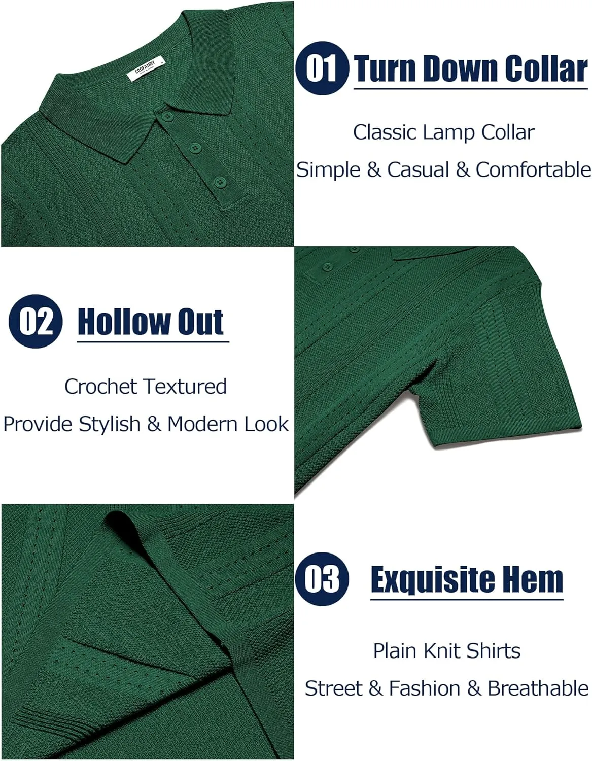 COOFANDY Mens Knit Polo Shirts Short Sleeve Collared Golf Shirt Hollow Out Textured T-Shirt Summer Fashion Tops