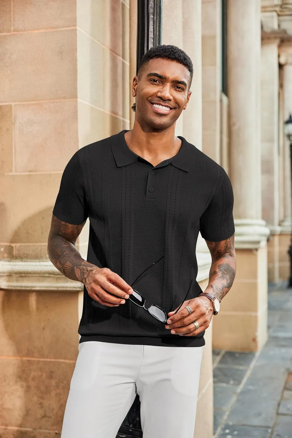 COOFANDY Mens Knit Polo Shirts Short Sleeve Collared Golf Shirt Hollow Out Textured T-Shirt Summer Fashion Tops