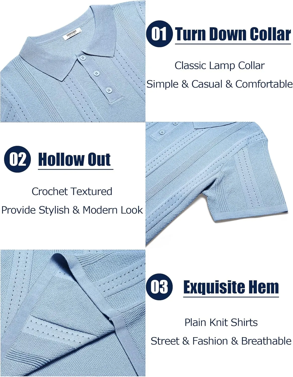 COOFANDY Mens Knit Polo Shirts Short Sleeve Collared Golf Shirt Hollow Out Textured T-Shirt Summer Fashion Tops