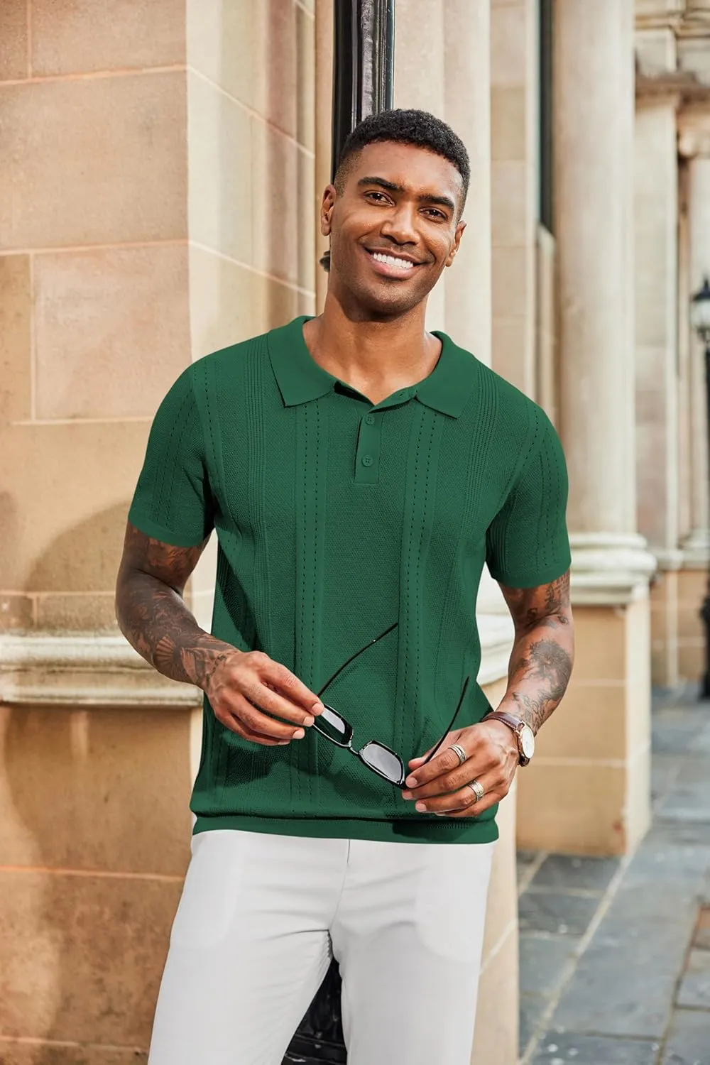 COOFANDY Mens Knit Polo Shirts Short Sleeve Collared Golf Shirt Hollow Out Textured T-Shirt Summer Fashion Tops