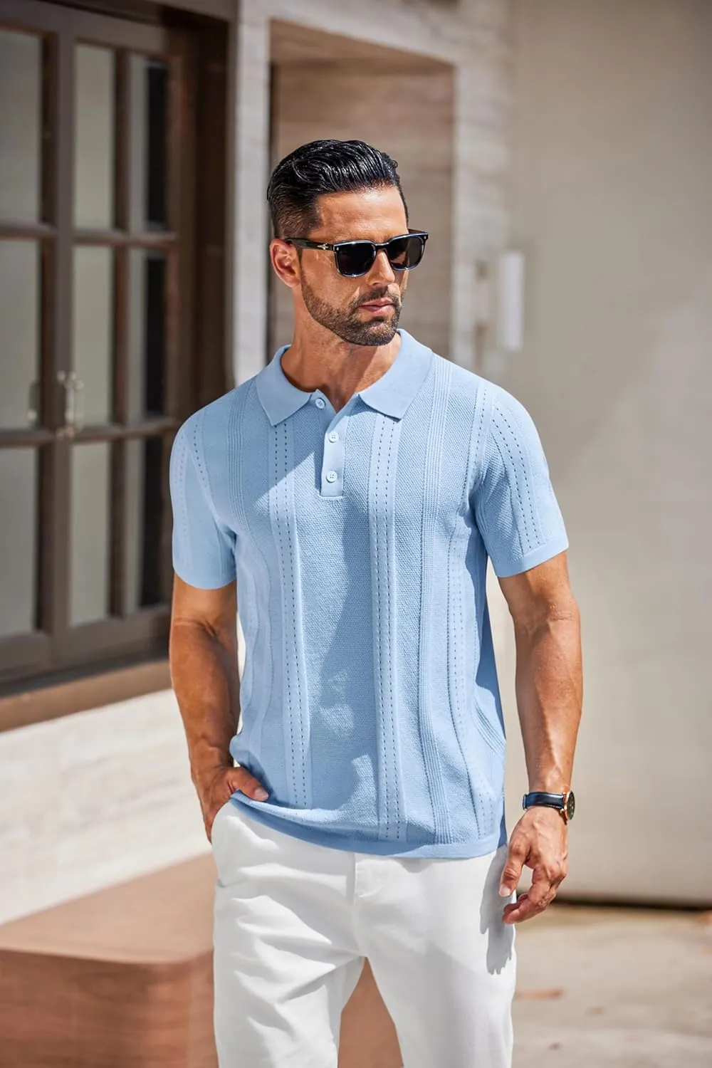 COOFANDY Mens Knit Polo Shirts Short Sleeve Collared Golf Shirt Hollow Out Textured T-Shirt Summer Fashion Tops