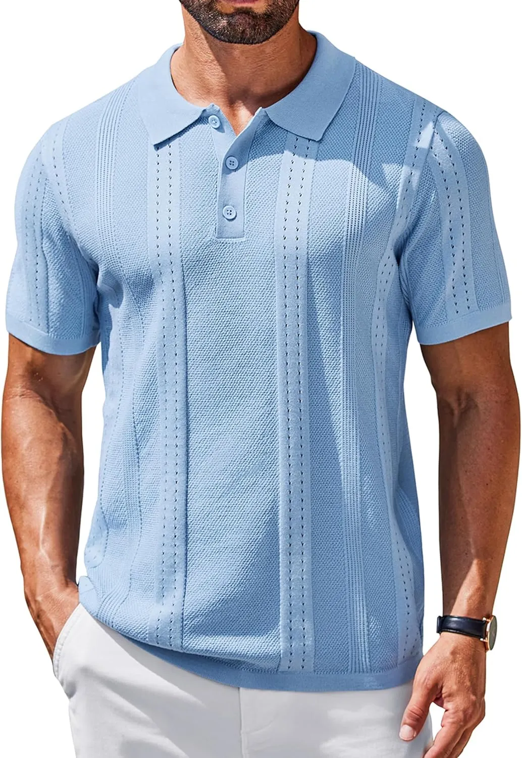 COOFANDY Mens Knit Polo Shirts Short Sleeve Collared Golf Shirt Hollow Out Textured T-Shirt Summer Fashion Tops