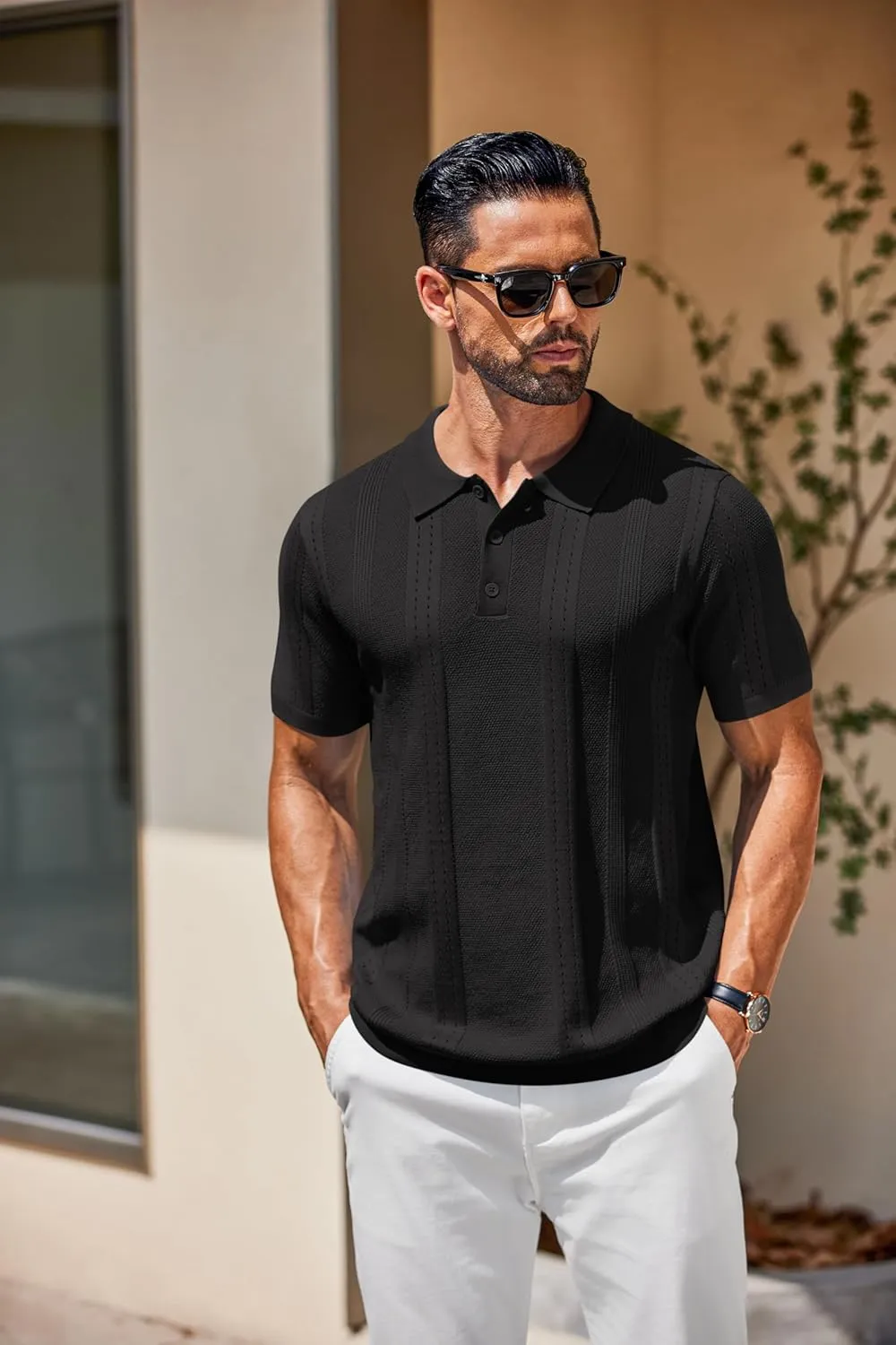 COOFANDY Mens Knit Polo Shirts Short Sleeve Collared Golf Shirt Hollow Out Textured T-Shirt Summer Fashion Tops