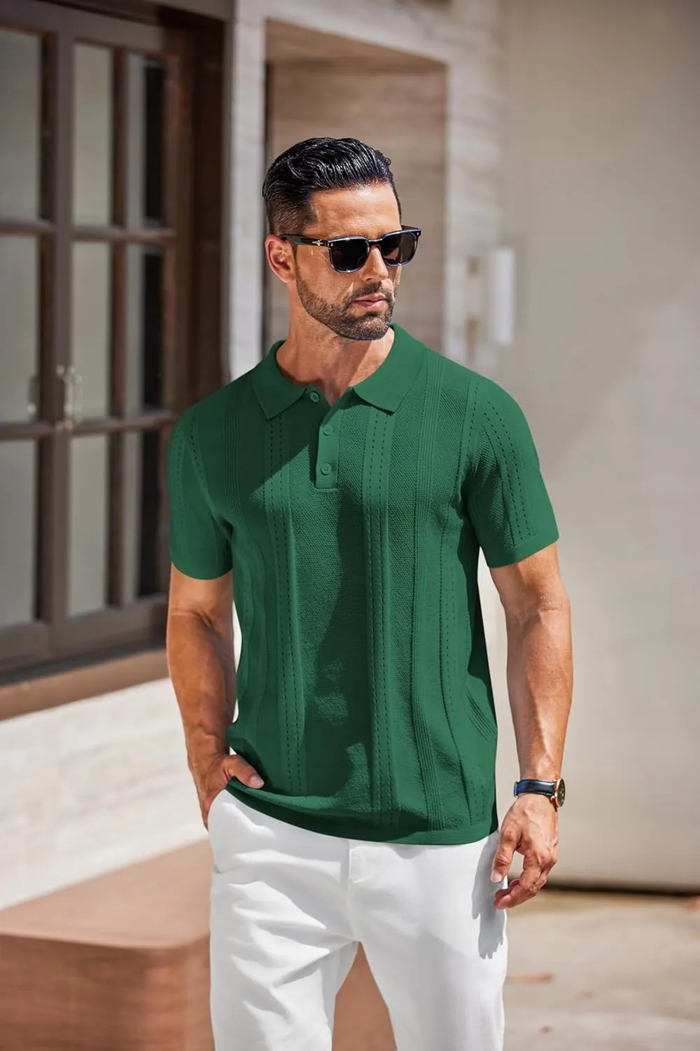 COOFANDY Mens Knit Polo Shirts Short Sleeve Collared Golf Shirt Hollow Out Textured T-Shirt Summer Fashion Tops