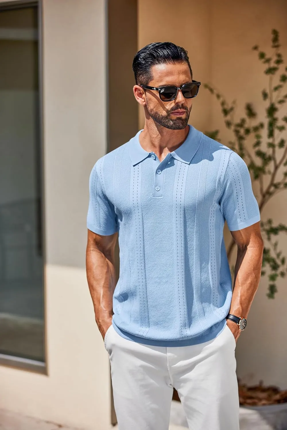 COOFANDY Mens Knit Polo Shirts Short Sleeve Collared Golf Shirt Hollow Out Textured T-Shirt Summer Fashion Tops