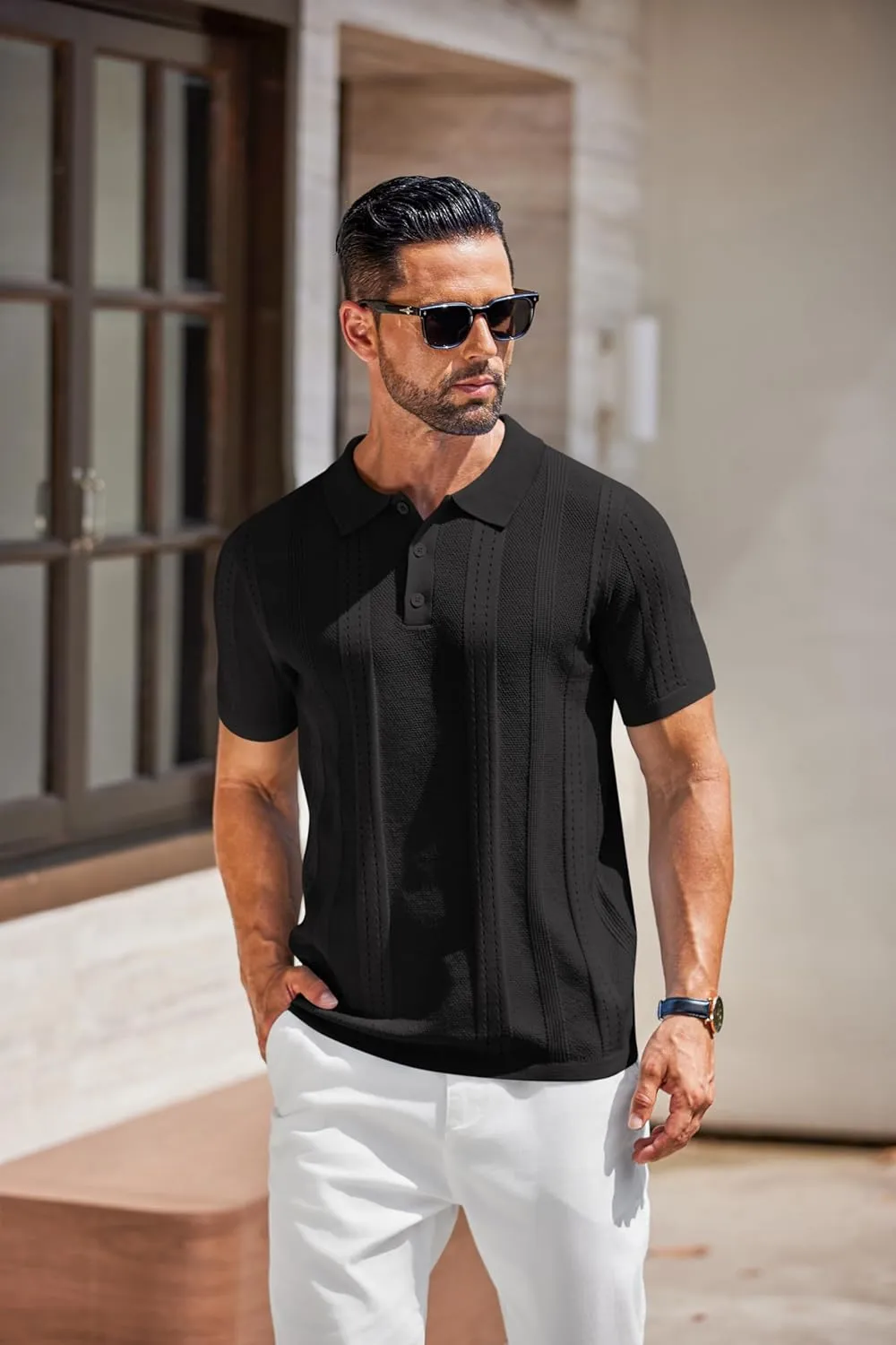 COOFANDY Mens Knit Polo Shirts Short Sleeve Collared Golf Shirt Hollow Out Textured T-Shirt Summer Fashion Tops
