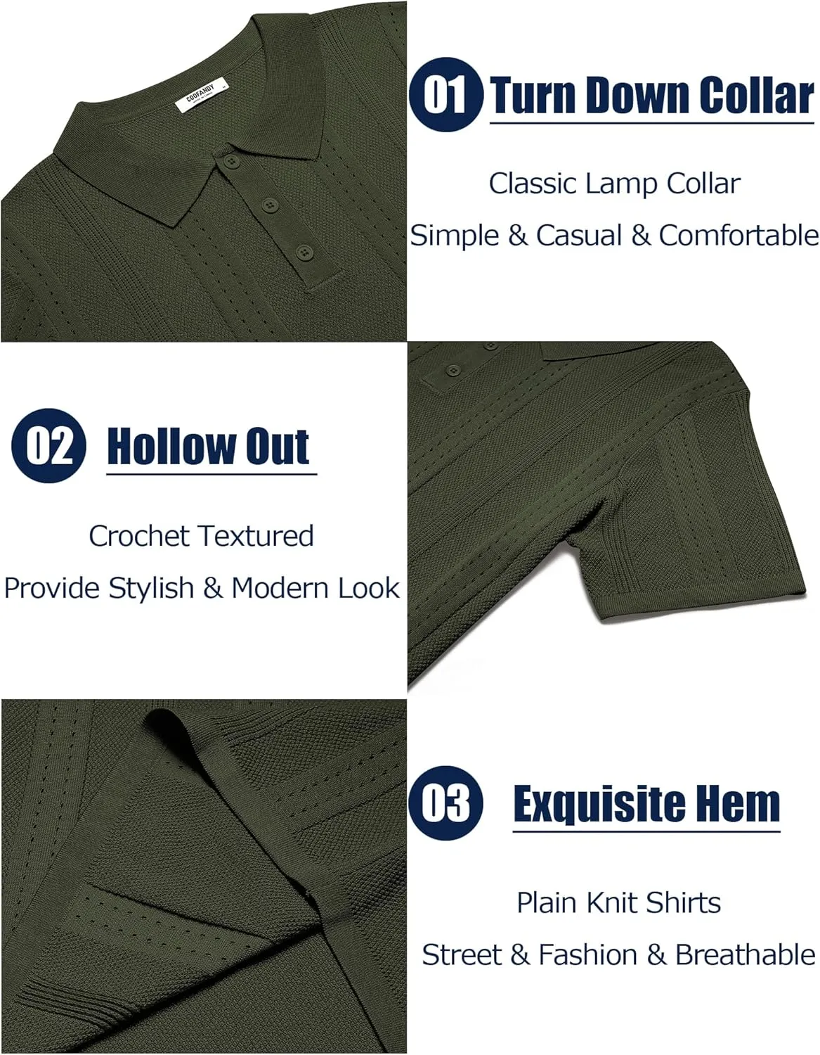 COOFANDY Mens Knit Polo Shirts Short Sleeve Collared Golf Shirt Hollow Out Textured T-Shirt Summer Fashion Tops