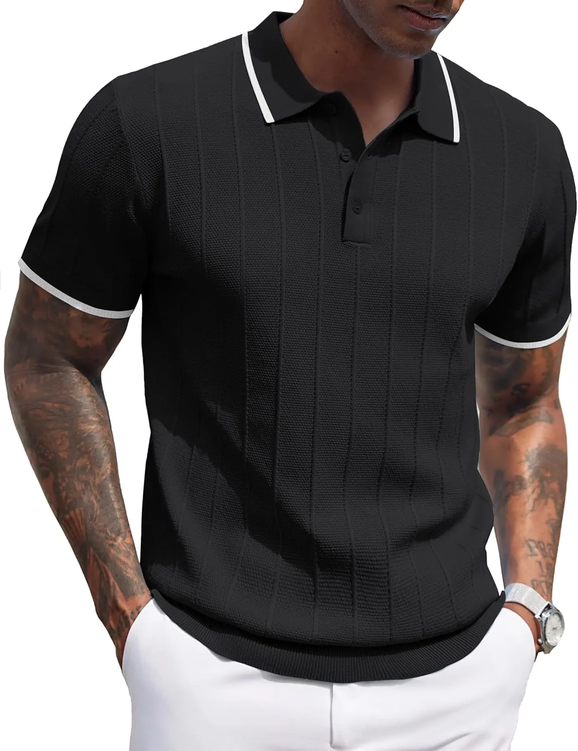 COOFANDY Mens Knit Polo Shirts Short Sleeve Ribbed Textured Polo Shirt Lightweight Casual Golf Shirts Collared T Shirt