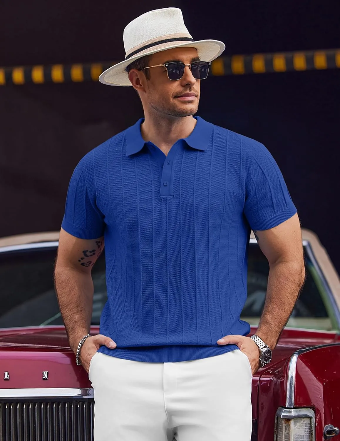 COOFANDY Mens Knit Polo Shirts Short Sleeve Ribbed Textured Polo Shirt Lightweight Casual Golf Shirts Collared T Shirt