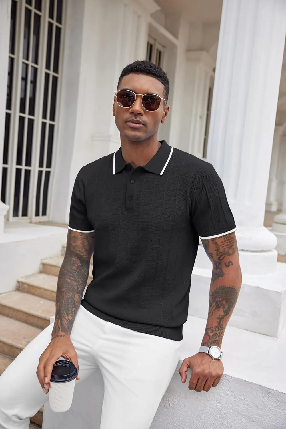 COOFANDY Mens Knit Polo Shirts Short Sleeve Ribbed Textured Polo Shirt Lightweight Casual Golf Shirts Collared T Shirt