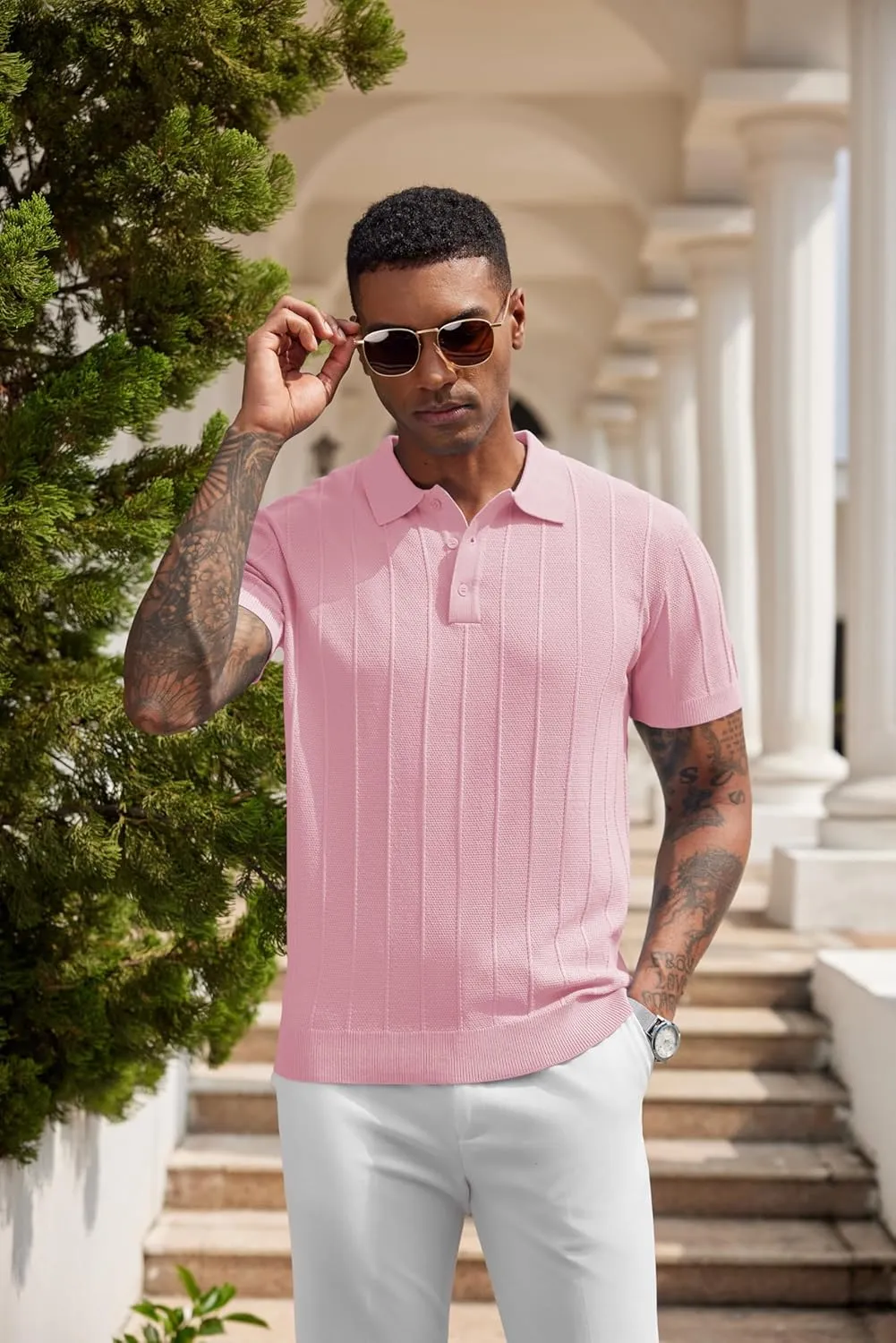 COOFANDY Mens Knit Polo Shirts Short Sleeve Ribbed Textured Polo Shirt Lightweight Casual Golf Shirts Collared T Shirt