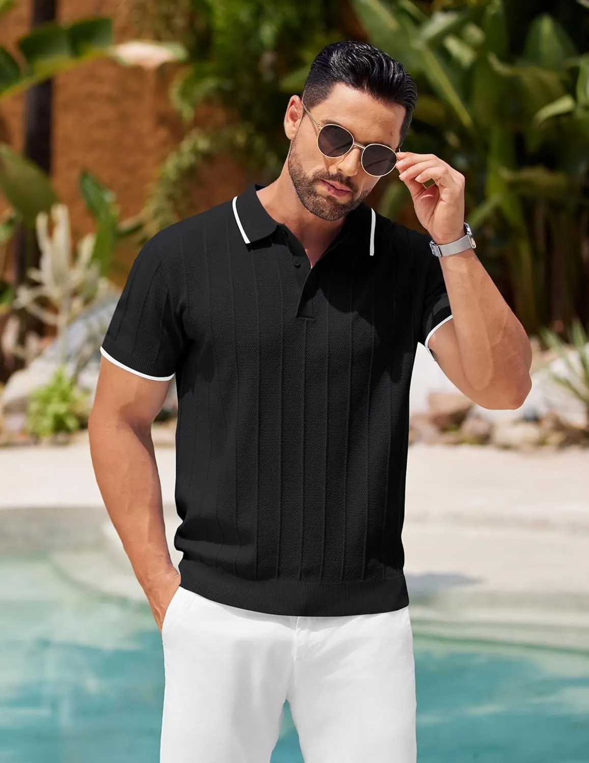 COOFANDY Mens Knit Polo Shirts Short Sleeve Ribbed Textured Polo Shirt Lightweight Casual Golf Shirts Collared T Shirt