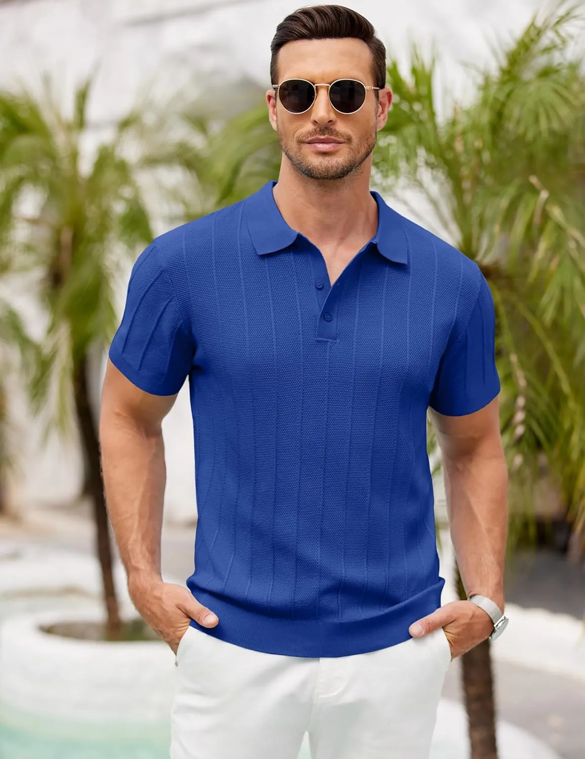 COOFANDY Mens Knit Polo Shirts Short Sleeve Ribbed Textured Polo Shirt Lightweight Casual Golf Shirts Collared T Shirt