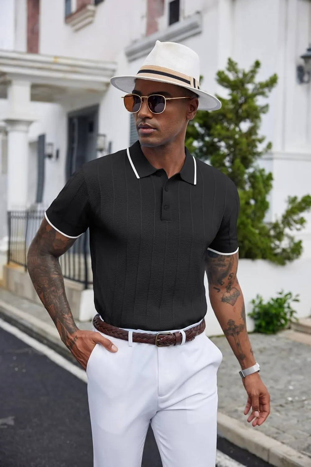 COOFANDY Mens Knit Polo Shirts Short Sleeve Ribbed Textured Polo Shirt Lightweight Casual Golf Shirts Collared T Shirt