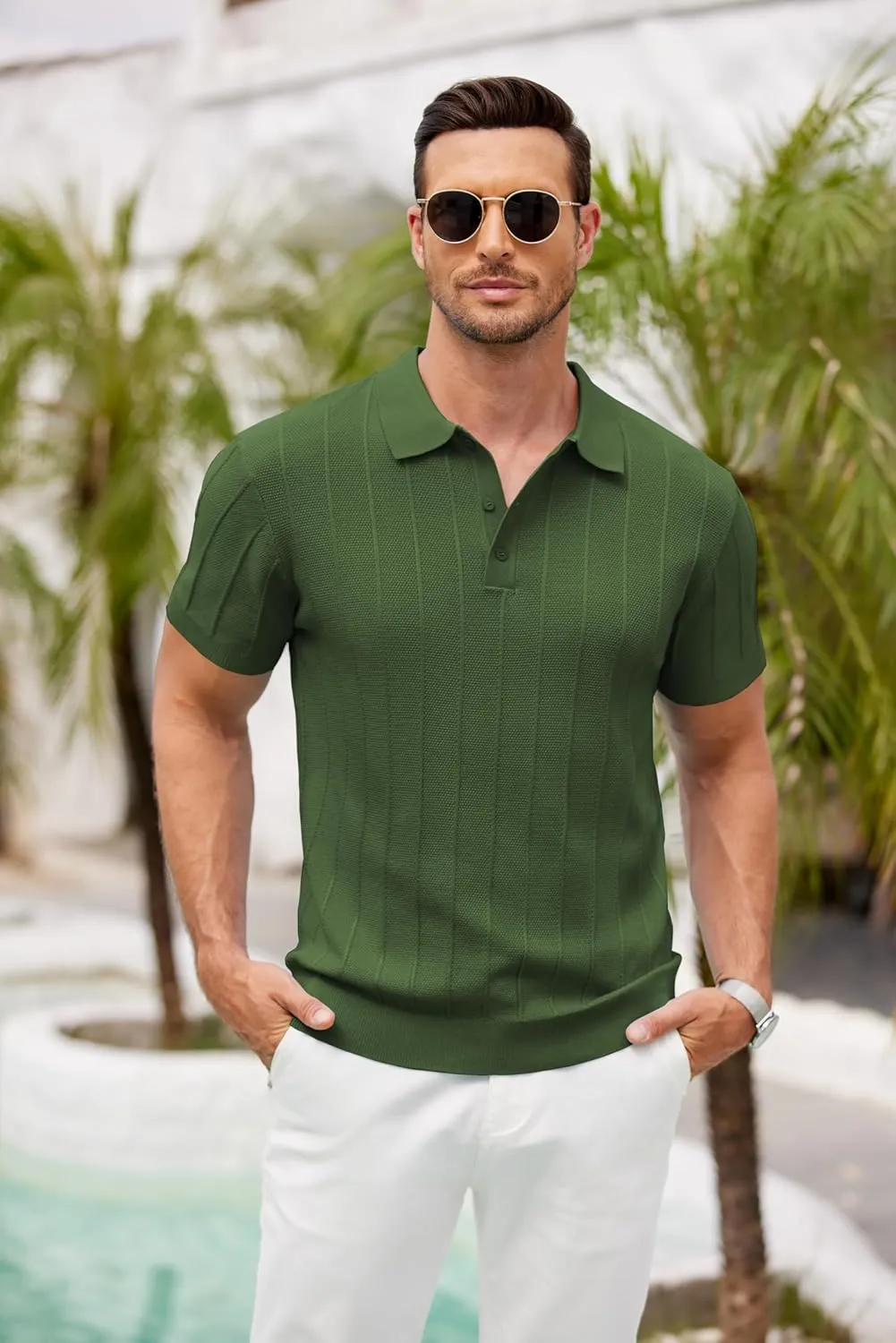 COOFANDY Mens Knit Polo Shirts Short Sleeve Ribbed Textured Polo Shirt Lightweight Casual Golf Shirts Collared T Shirt