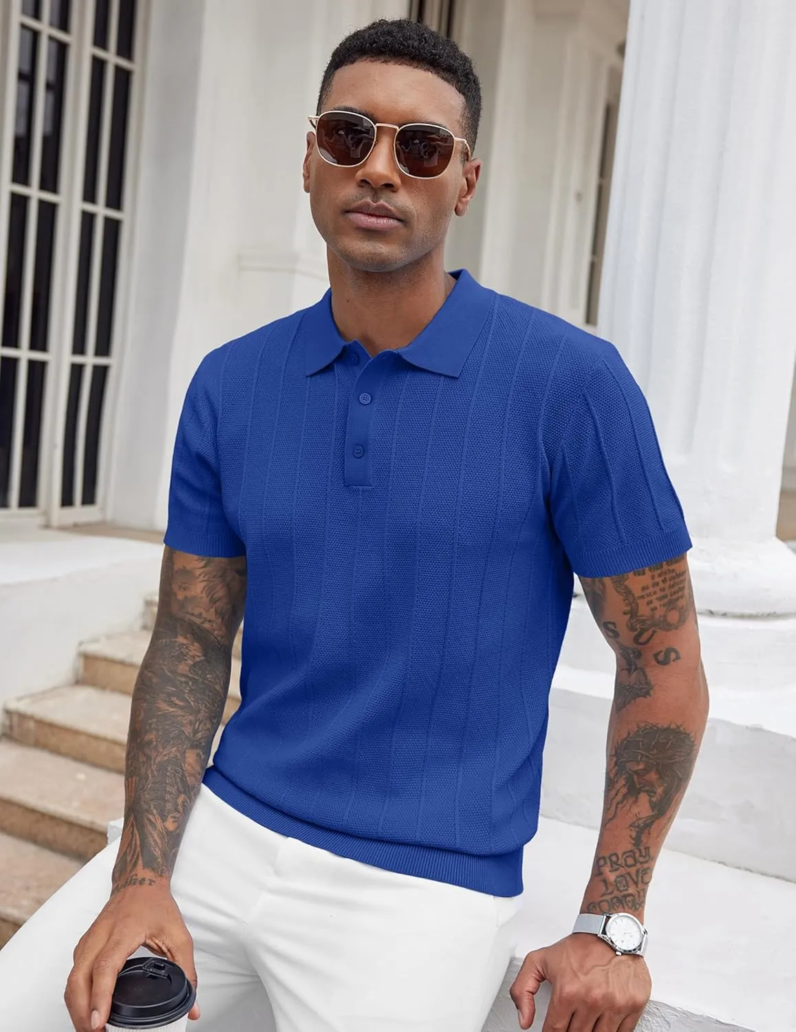 COOFANDY Mens Knit Polo Shirts Short Sleeve Ribbed Textured Polo Shirt Lightweight Casual Golf Shirts Collared T Shirt