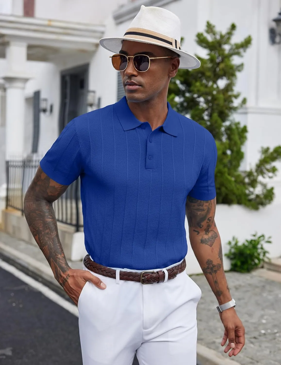 COOFANDY Mens Knit Polo Shirts Short Sleeve Ribbed Textured Polo Shirt Lightweight Casual Golf Shirts Collared T Shirt