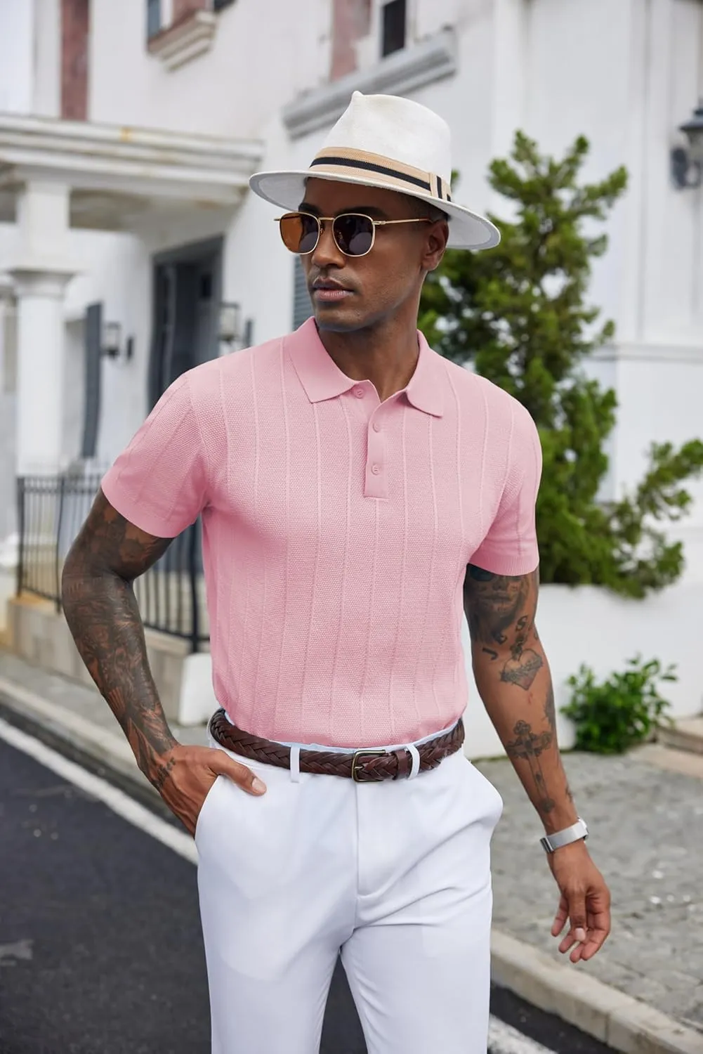 COOFANDY Mens Knit Polo Shirts Short Sleeve Ribbed Textured Polo Shirt Lightweight Casual Golf Shirts Collared T Shirt