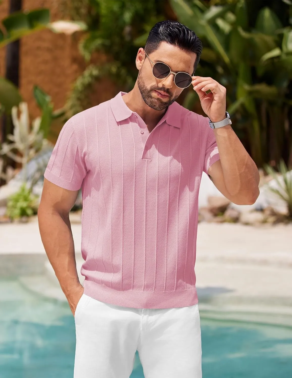 COOFANDY Mens Knit Polo Shirts Short Sleeve Ribbed Textured Polo Shirt Lightweight Casual Golf Shirts Collared T Shirt