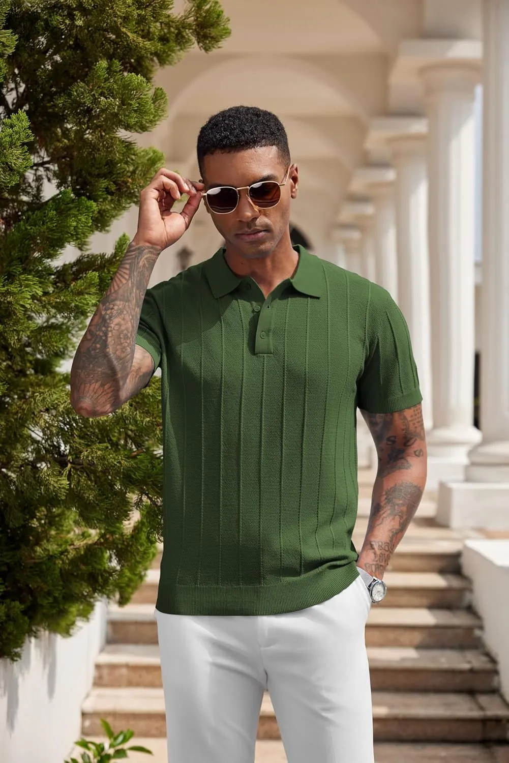 COOFANDY Mens Knit Polo Shirts Short Sleeve Ribbed Textured Polo Shirt Lightweight Casual Golf Shirts Collared T Shirt