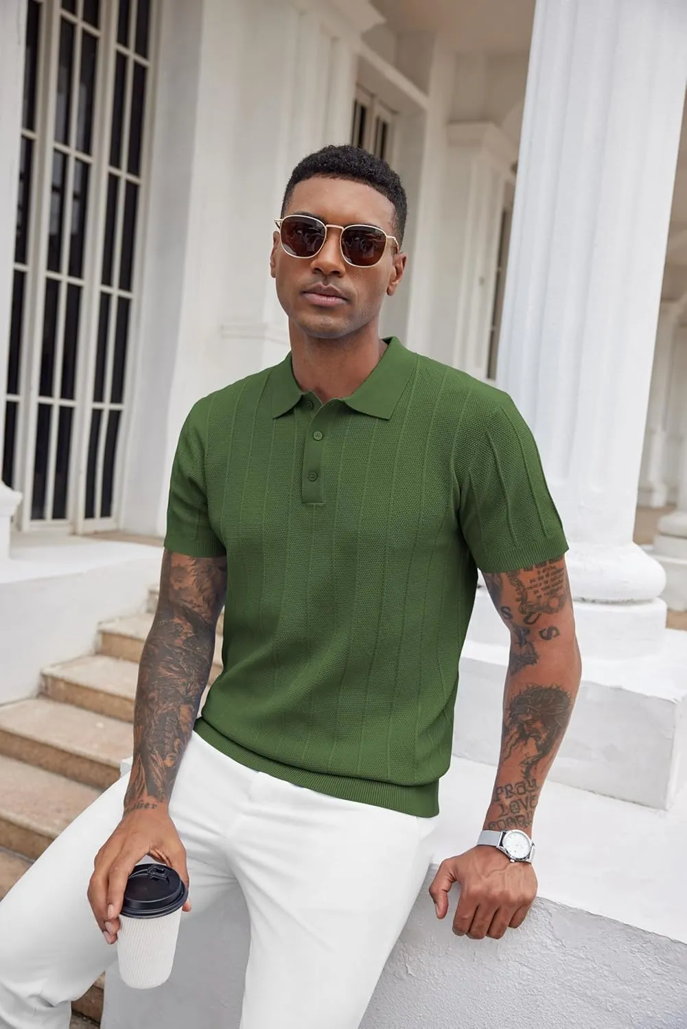 COOFANDY Mens Knit Polo Shirts Short Sleeve Ribbed Textured Polo Shirt Lightweight Casual Golf Shirts Collared T Shirt