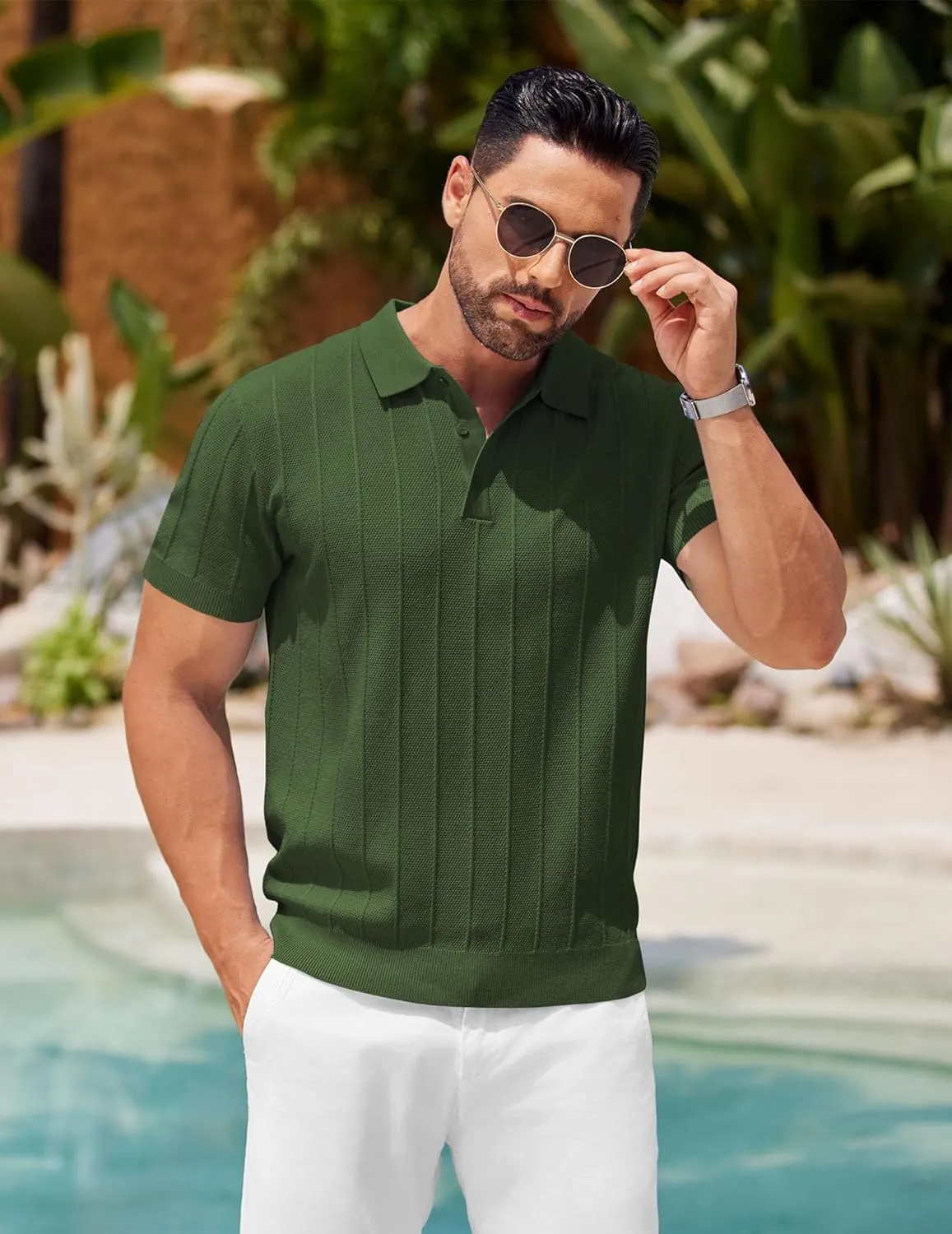 COOFANDY Mens Knit Polo Shirts Short Sleeve Ribbed Textured Polo Shirt Lightweight Casual Golf Shirts Collared T Shirt