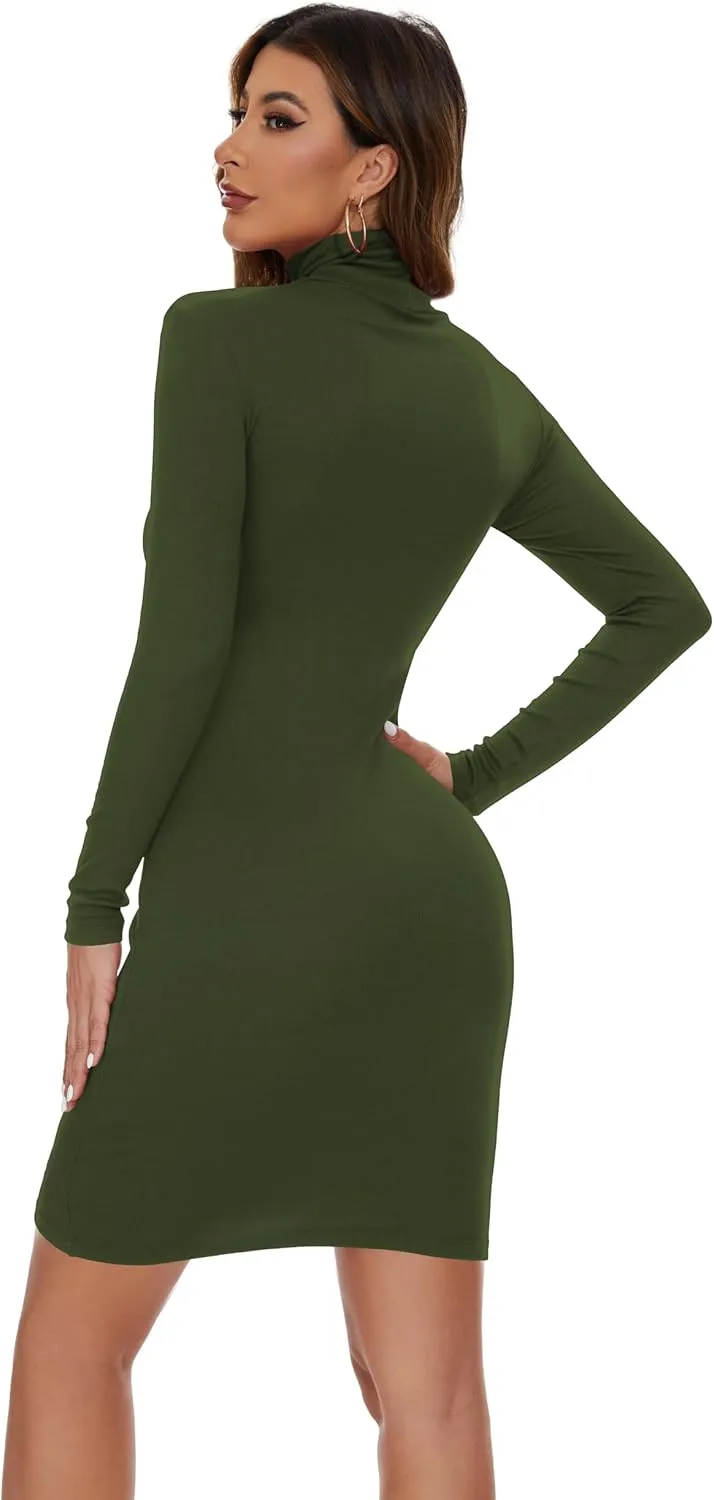 Cotton Turtleneck Dress Long Sleeve Bodycon Dress Ribbed Midi Dress Knitted Sexy Party Dress