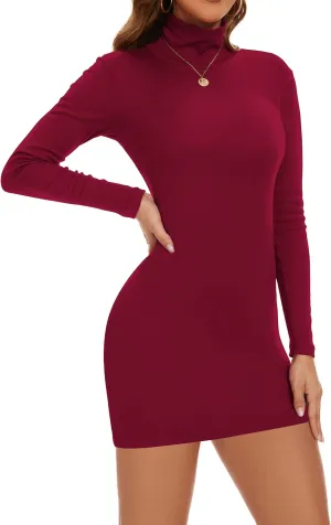 Cotton Turtleneck Dress Long Sleeve Bodycon Dress Ribbed Midi Dress Knitted Sexy Party Dress