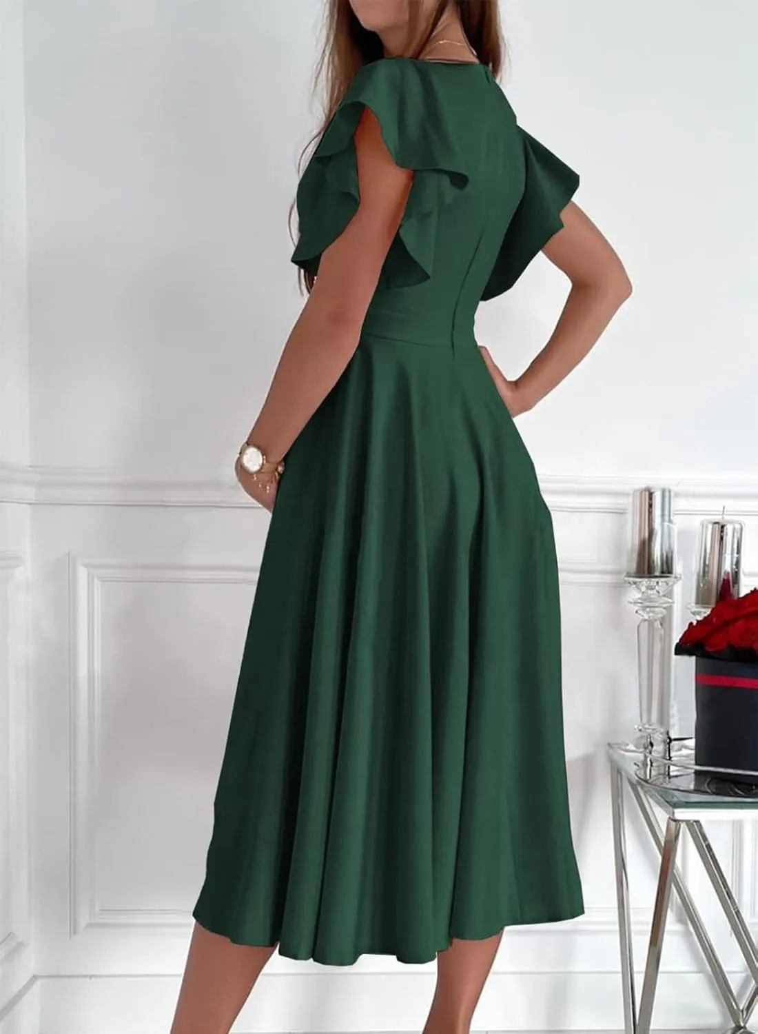 Dokotoo Women's V Neck Elegant Party Dress Short Sleeve Skater Dress Wedding Guest Dresses