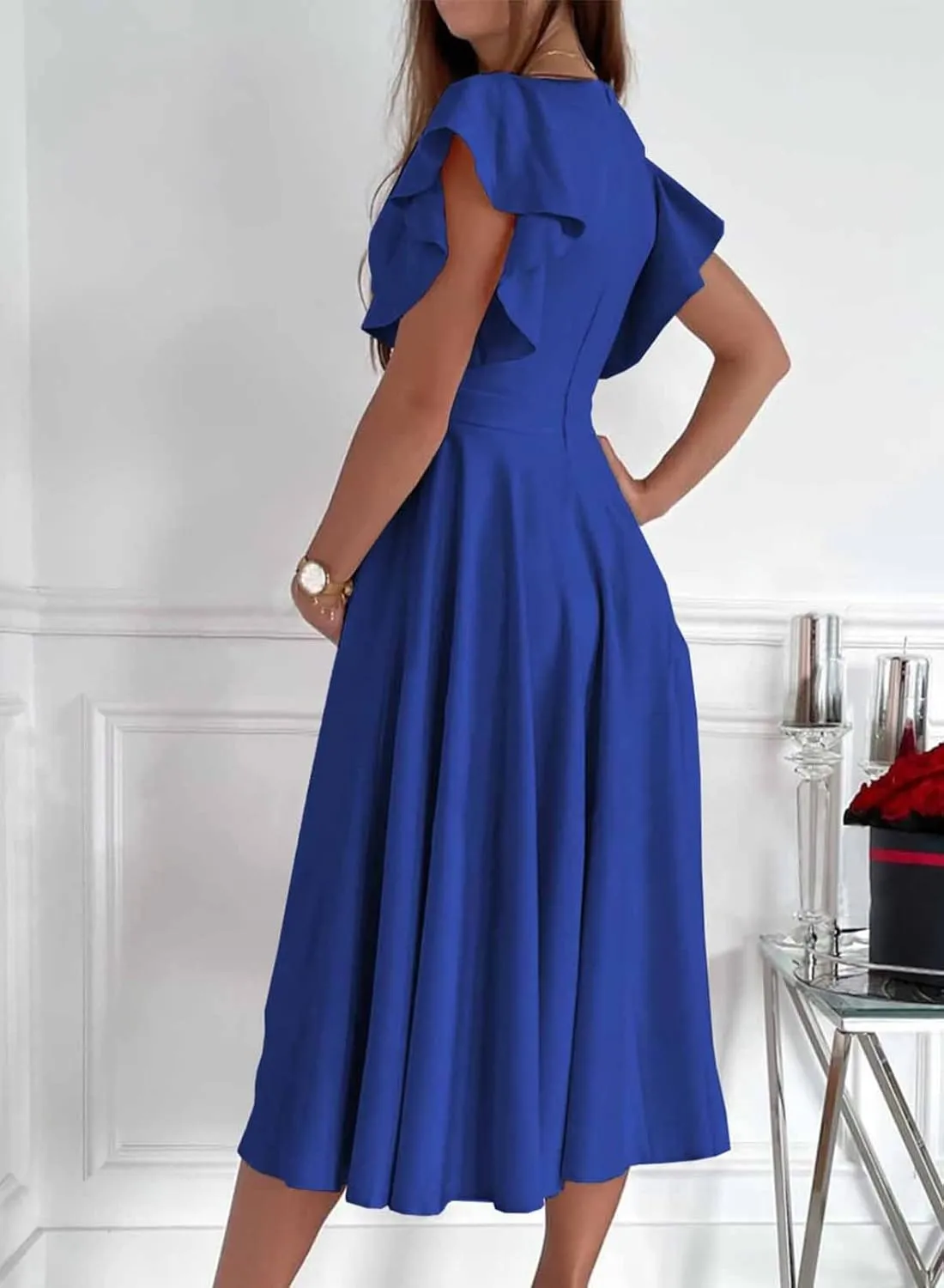 Dokotoo Women's V Neck Elegant Party Dress Short Sleeve Skater Dress Wedding Guest Dresses