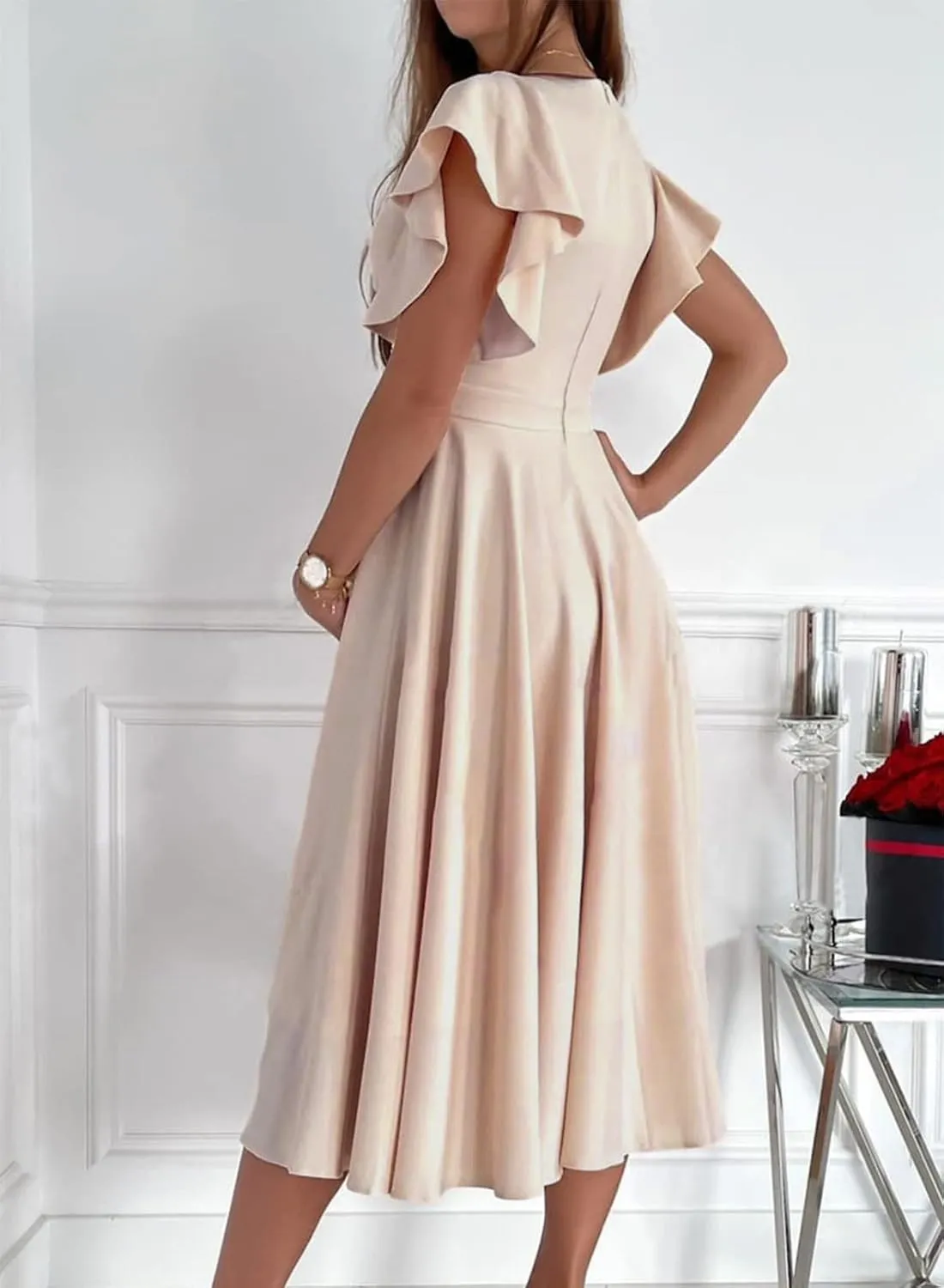 Dokotoo Women's V Neck Elegant Party Dress Short Sleeve Skater Dress Wedding Guest Dresses
