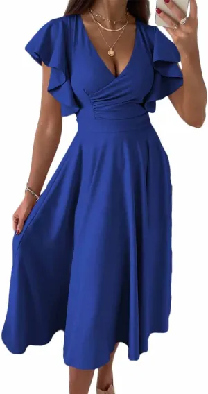 Dokotoo Women's V Neck Elegant Party Dress Short Sleeve Skater Dress Wedding Guest Dresses