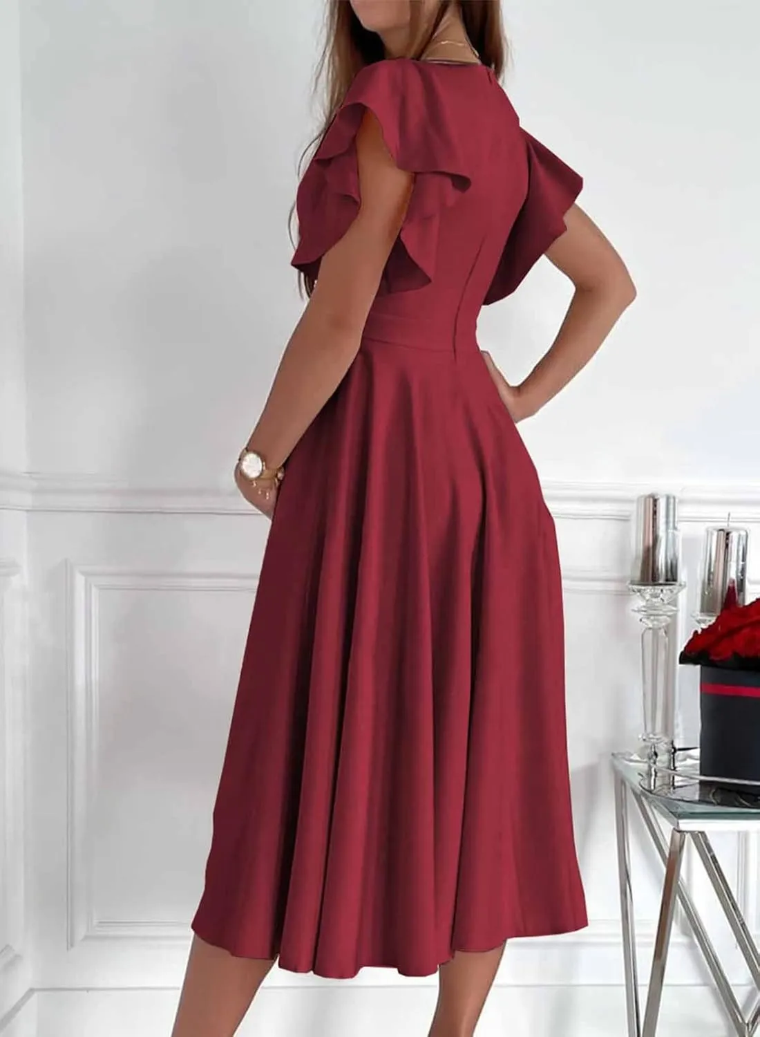 Dokotoo Women's V Neck Elegant Party Dress Short Sleeve Skater Dress Wedding Guest Dresses