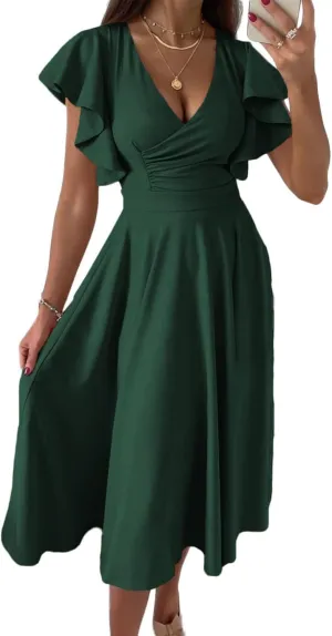 Dokotoo Women's V Neck Elegant Party Dress Short Sleeve Skater Dress Wedding Guest Dresses