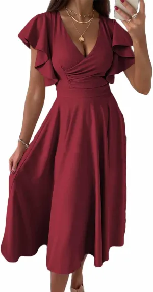 Dokotoo Women's V Neck Elegant Party Dress Short Sleeve Skater Dress Wedding Guest Dresses