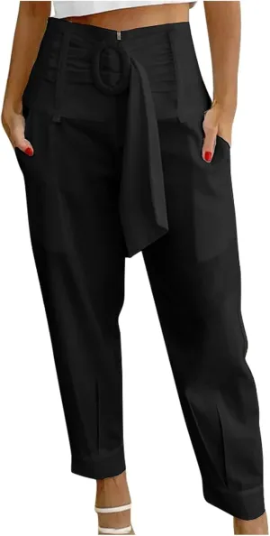 Dressy Pants for Women Casual Lightweight Slacks High Waist Straight Leg Cropped Pants Solid Color Versatile Trousers