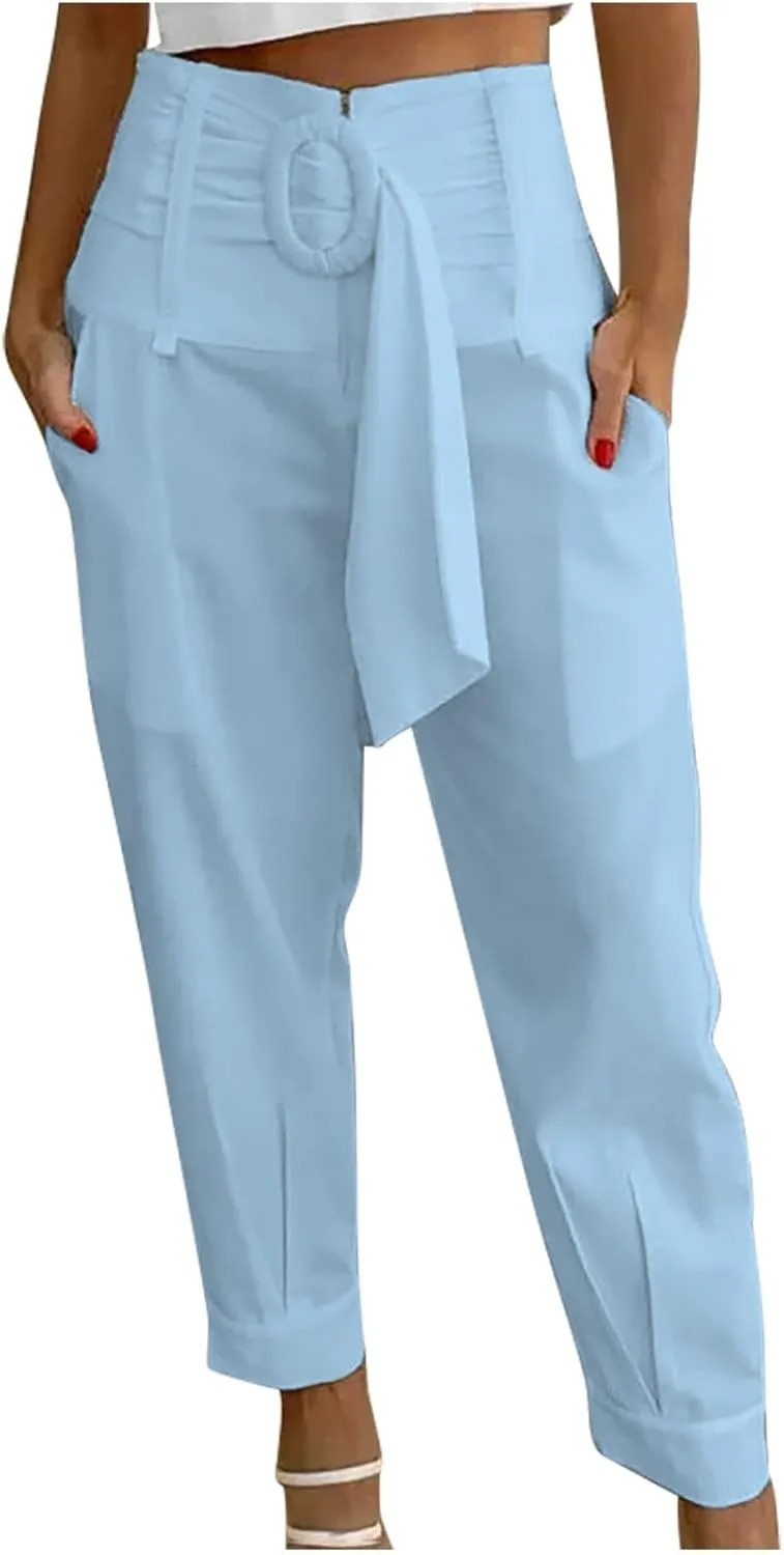 Dressy Pants for Women Casual Lightweight Slacks High Waist Straight Leg Cropped Pants Solid Color Versatile Trousers